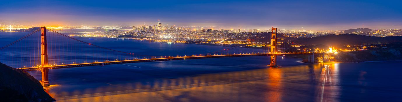 Golden Gate bridge in San Francisco California USA West Coast of Pacific Ocean Sunset Twilight panorama