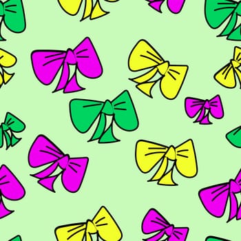 Cute seamless background with hand drawn colorful bows on pastel green isolated background. illustration of Doodle. Fabric design, Wallpaper, packaging.