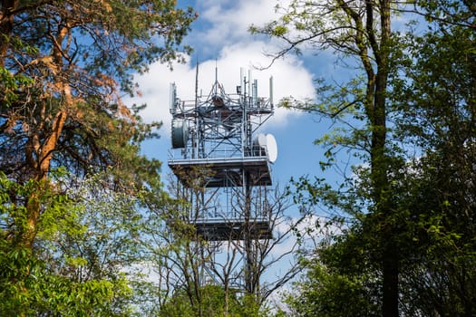 Telecommunication and Communication Tower Antenna, Cloud Sky., Technology 3G,4G of Industrial Transmission Network. Engineering Connection.