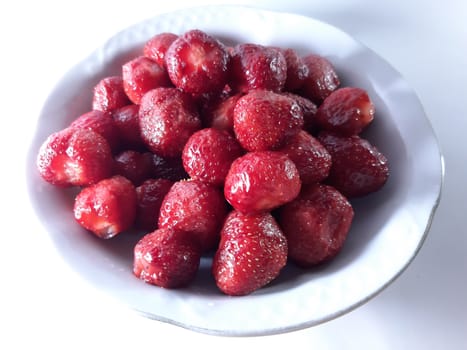 Red ripe strawberries. Photo of useful berries. Vegetarian food. Delicious and healthy dessert, vitamins.