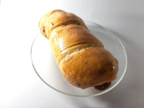 Photo bun with nipples inside. Fast food. Dough and meat ingredient. Bakery products.