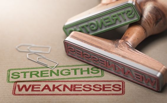 Two rubber stamps with the words strengths and weaknesses printed on paper background. 3D illustration of SWOT concept.