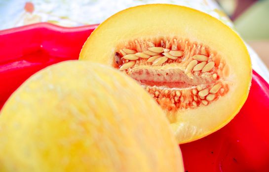 Cut ripe melons on red tray on the table close-up