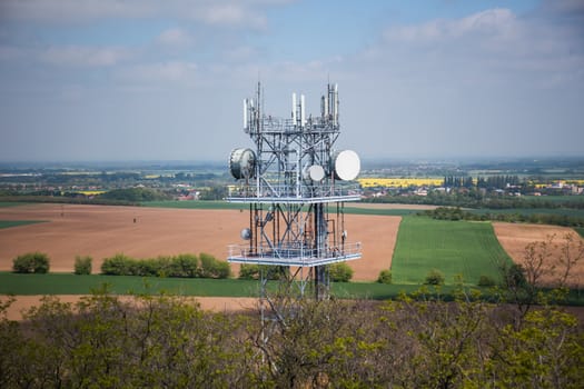 Telecommunication and Communication Tower Antenna, Cloud Sky., Technology 3G,4G of Industrial Transmission Network. Engineering Connection.