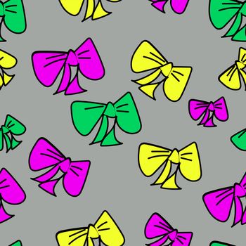 Cute seamless pattern with colored cartoon bows on gray background, fabric blank, packing pattern, design.