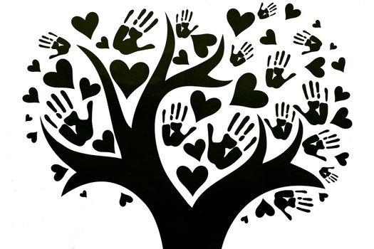 Tree whose leaves are depicted in the form of palms and hearts. The concept of peace, unity, friendship and love. Black and white design with copy space. Global teamwork help concept.