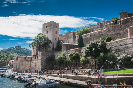 Royal Castle Collioure under blue sky in the Pyrenees-Orientales, France