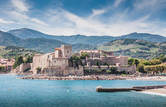 Royal Castle Collioure under blue sky in the Pyrenees-Orientales, France