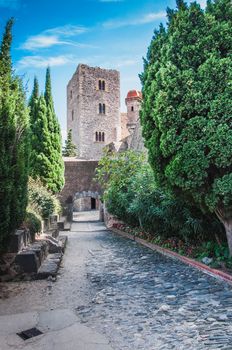 Royal Castle Collioure under blue sky in the Pyrenees-Orientales, France