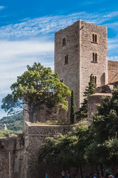 Royal Castle Collioure under blue sky in the Pyrenees-Orientales, France