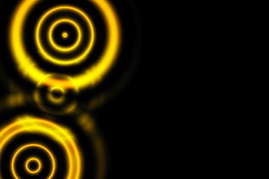 Orange overlapping circles with sound waves oscillating on black backdrop, abstract background