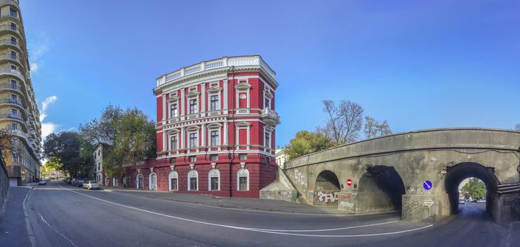 Panoramic view of historic real estate of Pommer and Saboneev bridge in Odessa, Ukraine