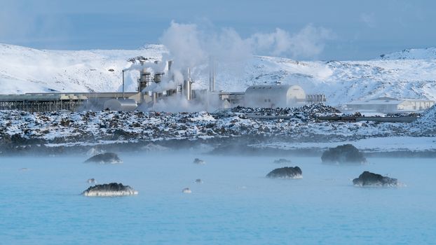 Green Energy, geothermal power plant of Grindavik during wintertime, Iceland