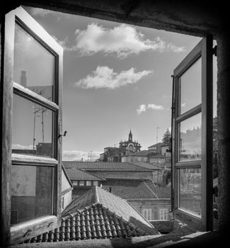Over the roofs of Tui with Capela de San Telmo, Camino de Santiago, Spain