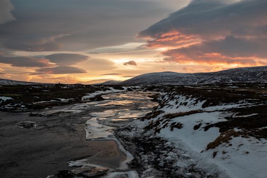 Godafoss river at sunset in winter, Iceland