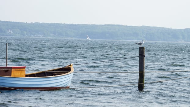 Fishing boat tethered to post in baltic sea horizontal panorama