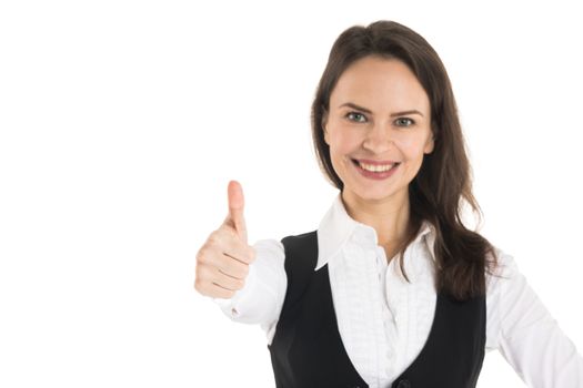 Business woman show thumb up, isolated on white background