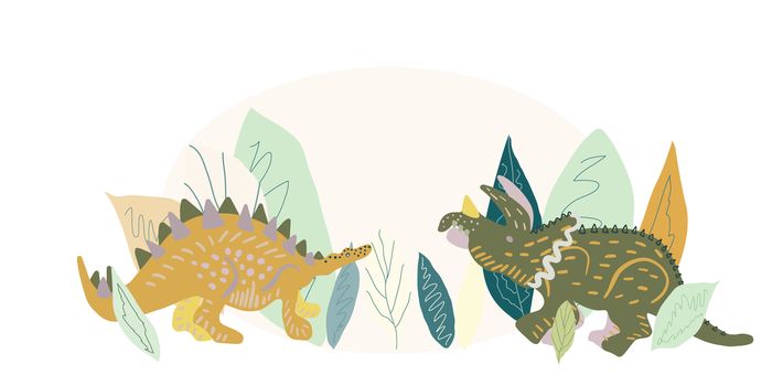 Stegosaurus and Triceratops cute illustration. Cartoon characters isolated design element. T-shirt, poster,  greeting card design. 