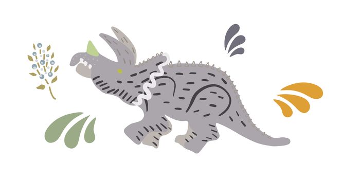 Triceratops dinosaur hand illustration. Cartoon characters isolated design element. T-shirt, poster, greeting card design. 