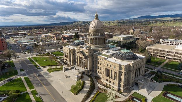 aerial view of the boise capital on a sunny day showing the city in the background