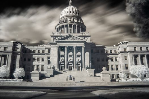 Almost black and white image of the boise capital that was shot in infrared