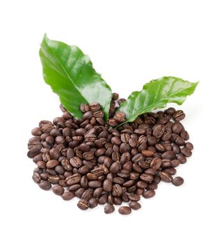 roasted coffee bean with leave isolated on white background