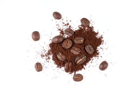 roasted coffee bean with powder isolated on white background