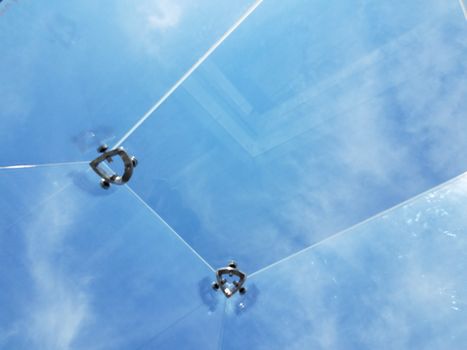 view of blue sky and clouds from clear ceiling from inside transparent glass box