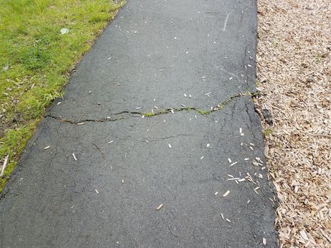 black asphalt trail or path with cracks and grass and wood chips
