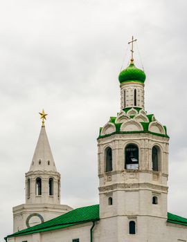 Church of St. John the Baptist Monastery and Savior Tower on Background. Kazan, Russia.