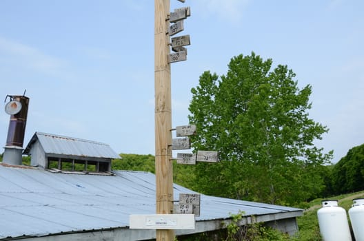 wood pole or stake with snowfall sign and snow depth markings in feet