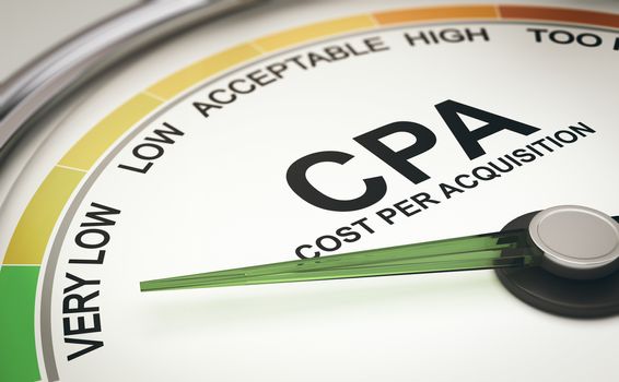 3d illustration of a conceptual gauge with the needle pointing the text "very low". CPA, Cost Per Acquisition Concept.