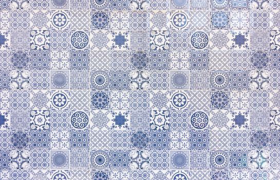 White and blue geometric azulejo tile wall texture or background