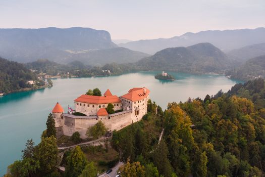 Aerial view of medieval castle by the lake Bled in Slovenia. Beautiful nature of Slovenia.