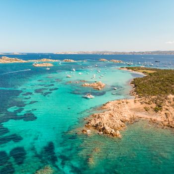 Drone aerial view of Razzoli, Santa Maria and Budelli islands in Maddalena Archipelago, Sardinia, Italy. Maddalena Archipelago is a group of islands between Corsica and north-eastern Sardinia.