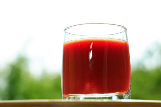 Full glass of tomato juice against nature background