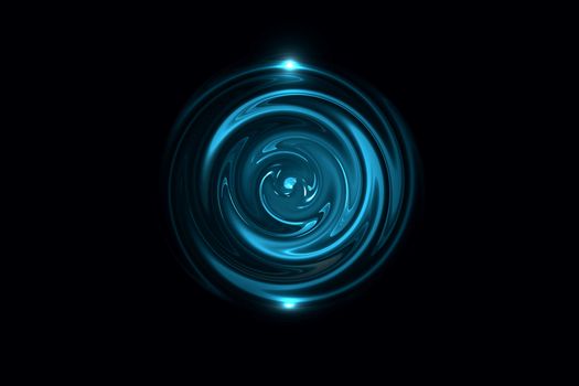 Glowing blue vortex with light ring on black backdrop, abstract background