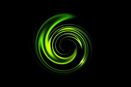 Glowing spiral tunnel with green light circle on black backdrop, abstract background
