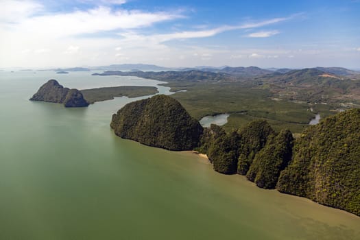 Aerial photos of the Andaman coast of Thailand With mountains next to the sea