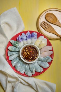 steamed chives dumplings served with spicy chili sauce , asian style cuisine