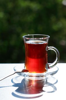 Nice small cup of Turkish black tea against nature background