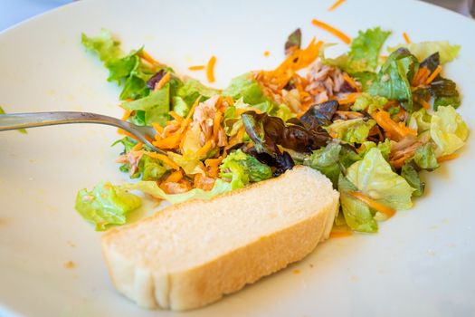 Mixed salad plate with tuna and slice of bread, served at the table with white plate and fork, natural light.