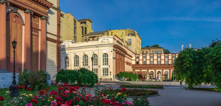 Odessa, Ukraine - 06.12.2018. Sunny summer morning in the historical center of Odessa, Ukraine. Theater square and historic buildings