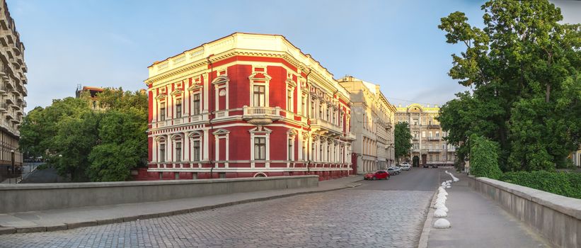 Odessa, Ukraine - 06.12.2018. Sunny summer morning in the historical center of Odessa, Ukraine. real estate of Pommer and Saboneev bridge