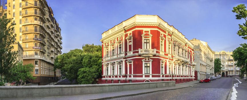 Odessa, Ukraine - 06.12.2018. Sunny summer morning in the historical center of Odessa, Ukraine. real estate of Pommer and Saboneev bridge