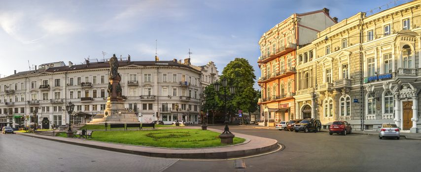 Odessa, Ukraine - 06.12.2018. Sunny summer morning in the historical center of Odessa, Ukraine. Catherine Square and Hotel Paris