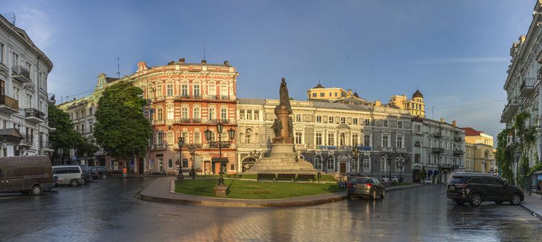 Odessa, Ukraine - 06.12.2018. Sunny summer morning in the historical center of Odessa, Ukraine. Catherine Square and Hotel Paris