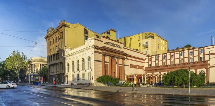 Odessa, Ukraine - 06.12.2018. Sunny summer morning in the historical center of Odessa, Ukraine. Theater square and historic buildings