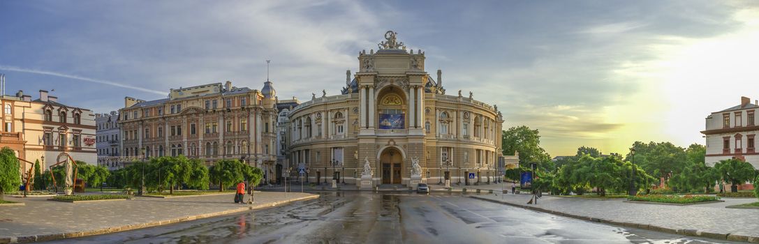 Odessa, Ukraine - 06.12.2018. Sunny summer morning in the historical center of Odessa, Ukraine. Opera House and theatre square