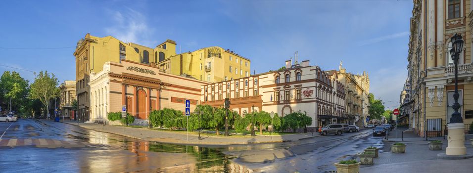 Odessa, Ukraine - 06.12.2018. Sunny summer morning in the historical center of Odessa, Ukraine. Luxury hotel Mozart